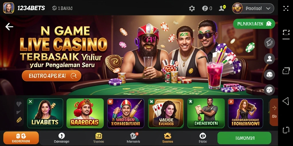 Screenshot 1234BETS menampilkan dealer langsung dan suasana kasino yang seru.
