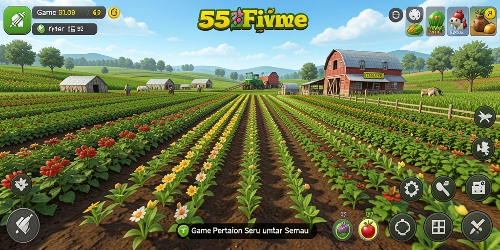 Screenshot gameplay 55FIVE menunjukkan aktivitas bertani yang seru.