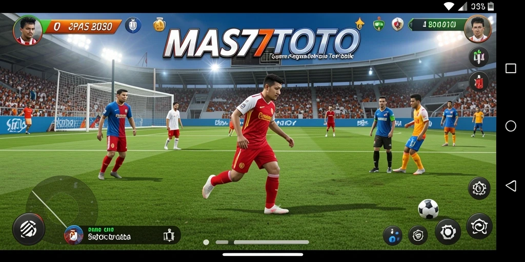 Screenshot gameplay MAS77TOTO dengan aksi sepak bola yang mendebarkan.