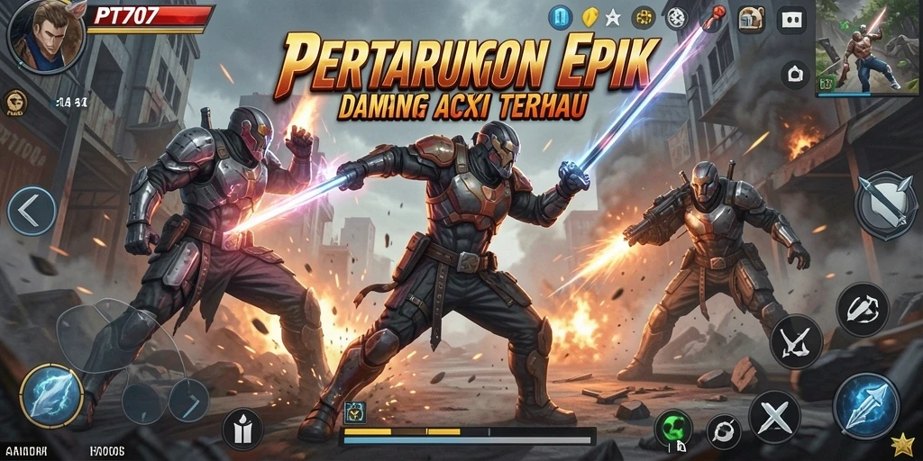 Screenshot permainan PT707 yang menunjukkan pertarungan intens.
